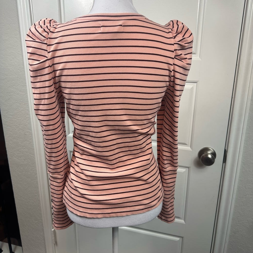 Maeve Anthropologie Classic Cotton Striped Ribbed Puff Sleeve Blouse Size Medium - Picture 4 of 12